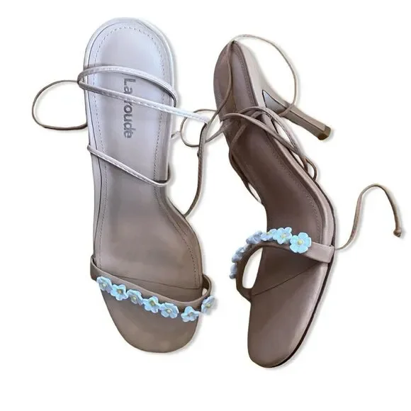 Larroude Goldie Sandals high heels shoes Tan Leather lace up flowers Sz 8.5 - Picture 11 of 15